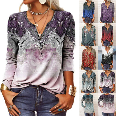 #ad Womens Floral V Neck Long Sleeve T Shirt Blouse Casual Loose Tunic Tops Pullover $18.21