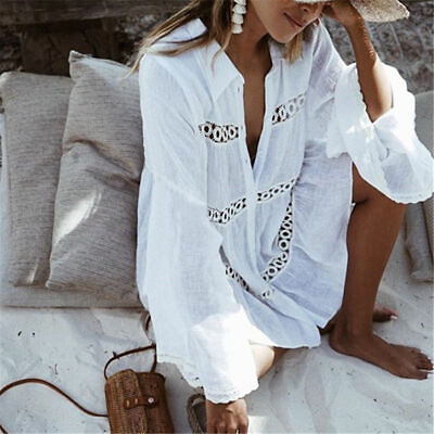 #ad Bohemian White Cotton Button Up Embroidered Tunic Top Festival Blouse M L XL $39.99