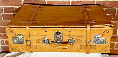 #ad Vintage Leather Suitcase Mid Century Mad Men Luggage Suitcase Strapped Bag C1945 $169.99