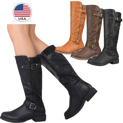 #ad Women PU Leather Knee High Boots Low Heel Side Zipper Walking Riding Boots $36.99