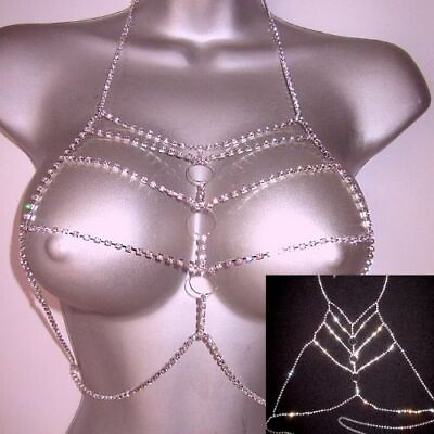 #ad Silver Rhinestone Body Chain Bra Cleavage Necklace Crystal Bling XS XL Easy Fit $23.70