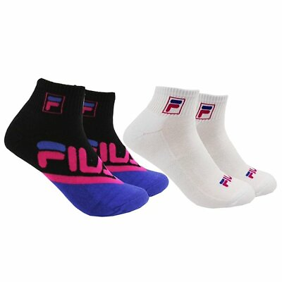 #ad 2 Pair Pack FILA Black White Pink Blue LOGO Unisex Half Cushion Crew Socks NEW $8.80