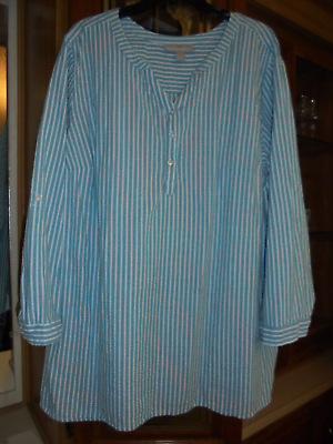 #ad Woman Within green and white cotton seersucker striped tunic top size 2X $12.98