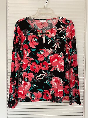 #ad CALVIN KLEIN WOMEN#x27;S BLACK HOT PINK FLORAL LONG SLV KNIT PULL OVER SIZE M NWT $29.00