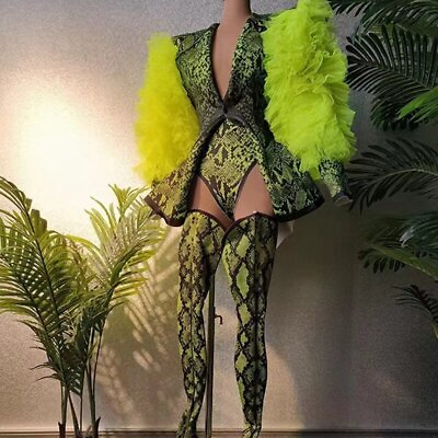 #ad Women Performance Dance Costume Mesh Puff Sleeve Snake Print Sexy Clothing $102.98