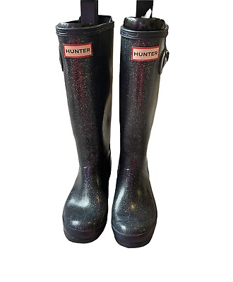 #ad HUNTER Original Kid Glitter Fin Tall Rain Boots Black Size US 5B 6G EU 37 $49.00