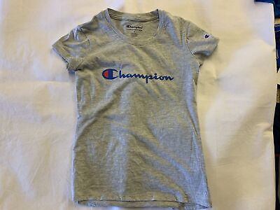 #ad Champion Youth Script Logo Short Sleeve T Shirt Girls#x27; Small Gray Tee 7417R $4.20