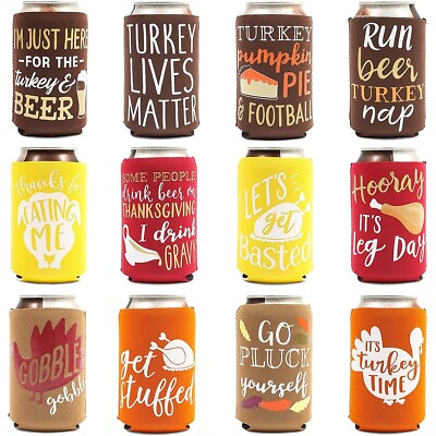 #ad 12x Thanksgiving Can Sleeves for Beer Soda Cold Drink Fall Party Supplies 12oz $17.49