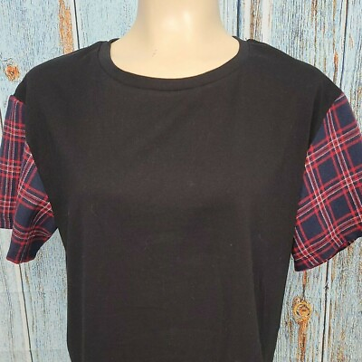 #ad Romwe Tops Womens Size L 8 10 Plaid Short Sleeve Crew Neck Boxy Cropped Top NEW $14.99