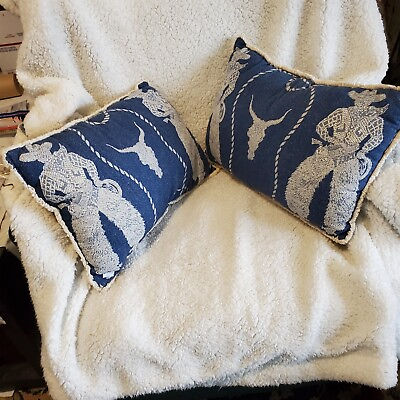 #ad 2 Decorative Western ThrowPillows Blue Ivory Rect. 12quot;X18quot; Cowboy Longhorn Stars $26.99