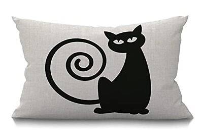 #ad Cat Farmhouse Pillow CoverBlack Cat with Funny Circle Tail Waist Lumbar Cotto... $18.55