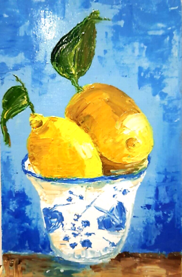 #ad Oil painting 5x8quot;Lemon in a vase.Citrus still life.Stylish modern mini art $29.00