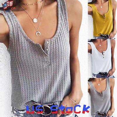 #ad Women Button V Neck Tank Tops Summer Sleeveless Loose Cami Vest T Shirt Blouse $12.99