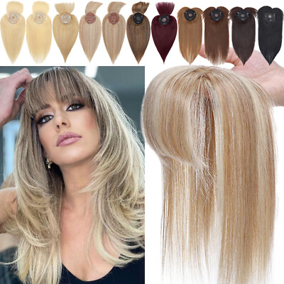 #ad 100% Remy Human Hair Topper Women Hairpiece Clip In Top MONO Toupee With Bangs $50.37