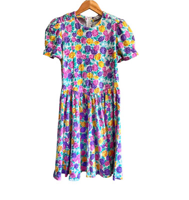 #ad Vintage 80s Christie Brooks Cotton Floral Midi Dress Size Large Size 14 Kids C $68.00