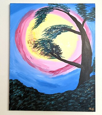 #ad Tree Art Moon Art Tree amp; Moon Acrylic Painting Signed; Landscape; Night Painting $75.00