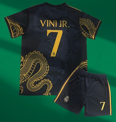 #ad Madrid Kids Black Dragon Soccer Jersey #7 Vini Jr. Shorts Socks Set Youth Sizes $34.99