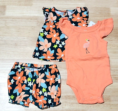 #ad Carter#x27;s Girls#x27; Newborn Brown Pink Floral amp; Flamingo 3 Piece Outfit w Bodysuit $12.69