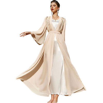 #ad Ramadan Muslim Women Maxi Dress Open Abaya Kimono Cardigan Chiffon Kaftan Robe C $50.52