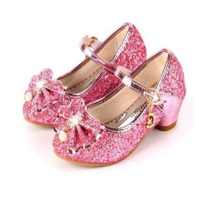 #ad Princess Bowknot Shoes Children Girl Sequins High Heels Dance Glitter Shoes $30.77