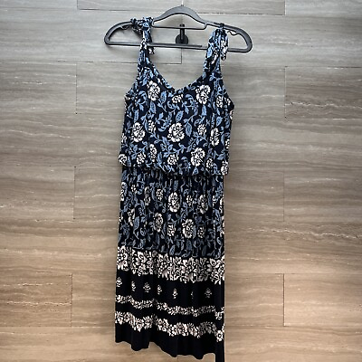 #ad Loft Outlet Women’s Petite Blue Floral Sun Dress Size S P V Neck Spaghetti Strap $15.99