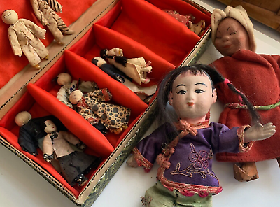 #ad Antique Chinese DOLL LOT opera composition silk costume box mini Japan house vtg $479.99