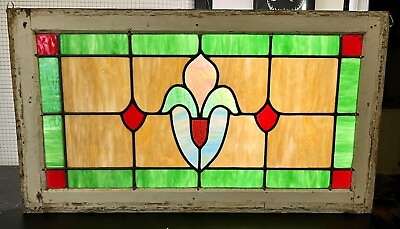 #ad ANTIQUE OLD ENGLISH LEADED FRAMED STAINED GLASS WINDOW TRANSOM ABSTRACT FLORAL $225.00
