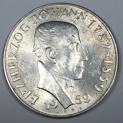 #ad 1964 Austria 25 Schilling Erzherzog Johann AU KM#2887 80% Silver 5179PC $29.99