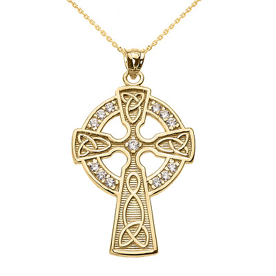 #ad Yellow 14k Gold Diamond Trinity Knot Celtic Cross Pendant Necklace $359.99