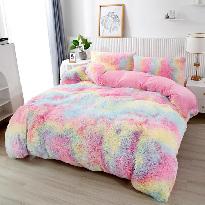 #ad Pink Plush Shaggy Bedding Sets Full 3 Piece Fluffy Faux Fur Girls Comforter Set $153.82