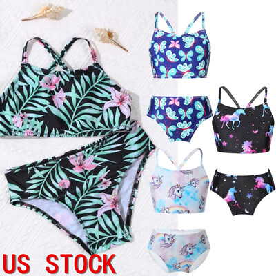 #ad US Girls Swimwear Floral Printed Strappy Crop Top and Bikini Briefs Bathing Suit $8.45