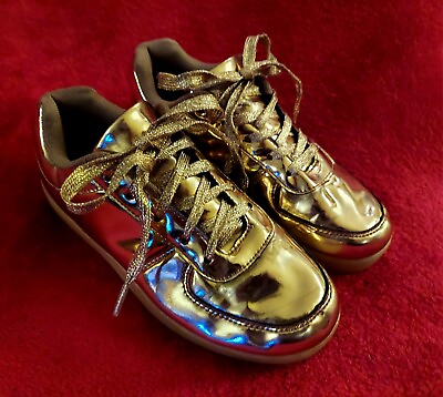 #ad Shiny Gold Metallic Girls Shoes Size 2 Fashion Sneakers $9.59