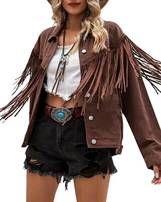 #ad Denim Jacket for Women Fringe Trucker Jean Jacket Distressed Large Brown $74.87