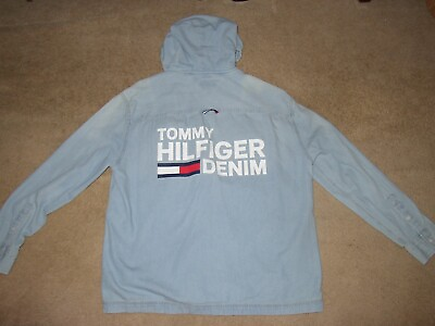 #ad #ad Tommy Hilfiger Big Back Logo Denim Hoodie Full Zip Shirt Jacket Men’s LG $29.95