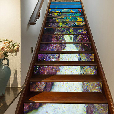 #ad 3D Sunshine Seabed Fishes Self adhesive Staircase Stickers Stair Riser Decal $27.99