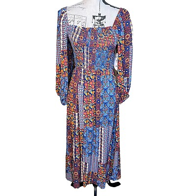 #ad Scoop Women#x27;s Smocked Midi Dress Paisley Printed Boho Square Neck Side Slit $20.00