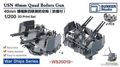 #ad BUNKER STUDIO WS20019 1 200 USN 40mm Quad Bofors Guns Late Plastic model $37.15