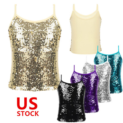 #ad US Girls Kids Tops Camisole Sparkle Vest Festival Dance Tank Top Party Costume $4.74
