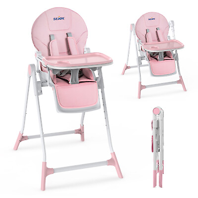 #ad SEJOY Foldable Baby High Chair Adjustable to 6 Different Heights 4 Wheels Tray $72.97