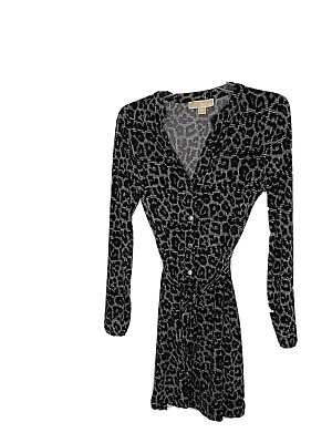#ad Michael Kors Shirt Dress Black Leopard Long Sleeve Button Front Belt Womens SP $28.00