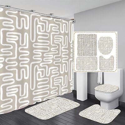 #ad 4pcs Shower Curtain Sets with Rugs Beige White Abstract Bathroom Decor Set Mo... $20.89