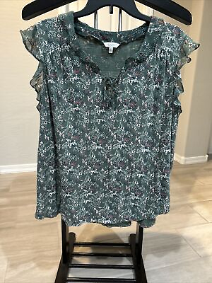 #ad Lucky Brand Women’s Green Printed Tank Top and Ruffled Sleeve size XL $24.00