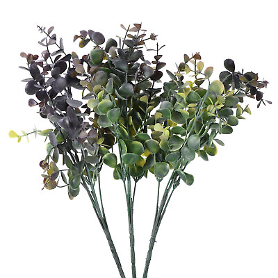 #ad 3Pcs 13quot; 5 Branch Artificial Eucalyptus Leaves Stems Faux Greenery Purple Green $14.98