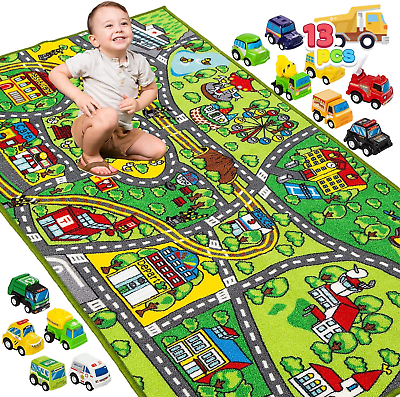 #ad Carpet Playmat W 12 Cars Pull Back Vehicle Set for Kids Age 3 Jumbo Pl $32.91