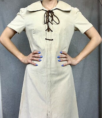 #ad 1940s Cream Fitted Corduroy RARE Puff Sleeve Western Tunic Dress Sz XS S $85.00