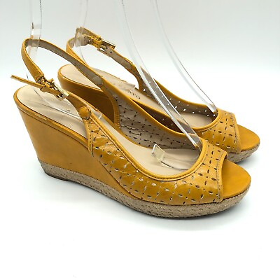 #ad Franco Sarto Womens Wedge Sandals Leather Laser Cut Slingback Yellow Size 8 $11.04