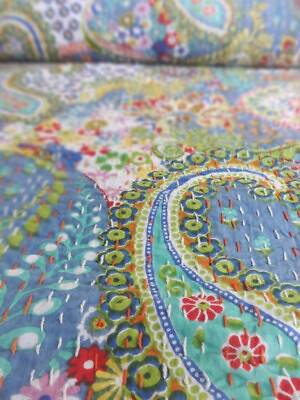 #ad Indian Paisley Print Cotton Handmade Kantha Quilt Single Throw Blanket Bedspread $42.99