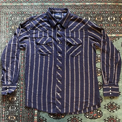 #ad Wrangler Western Pearl Snap Blue Striped Western Shirt Vintage Cowboy Size L $24.99