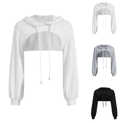 #ad Women#x27;s Crop Hoodie Pullover Very Short Sweatshirts Long Sleeve Cut Outs Shirts $16.90