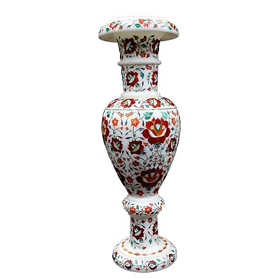 #ad Beautiful Flower Vase for Home Carnelian Stone Inlay Work White Marble Plant Pot $1522.50